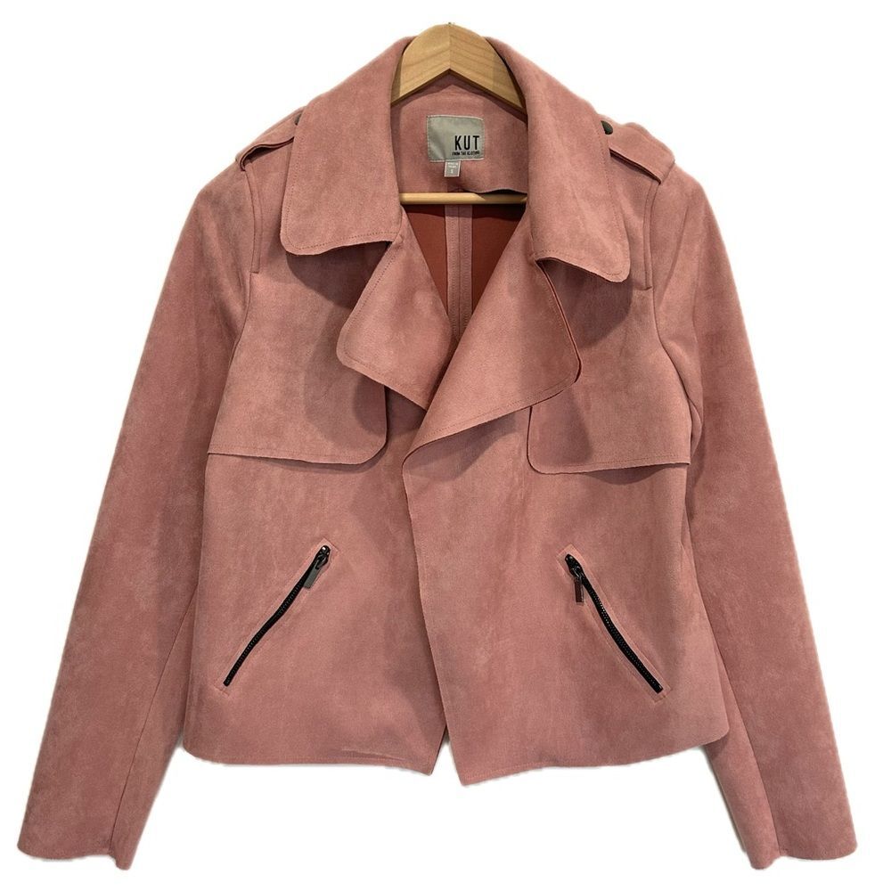 Kut from the Kloth Faux Suede Moto Jacket Size Small Soft Pink Draped Open Front
